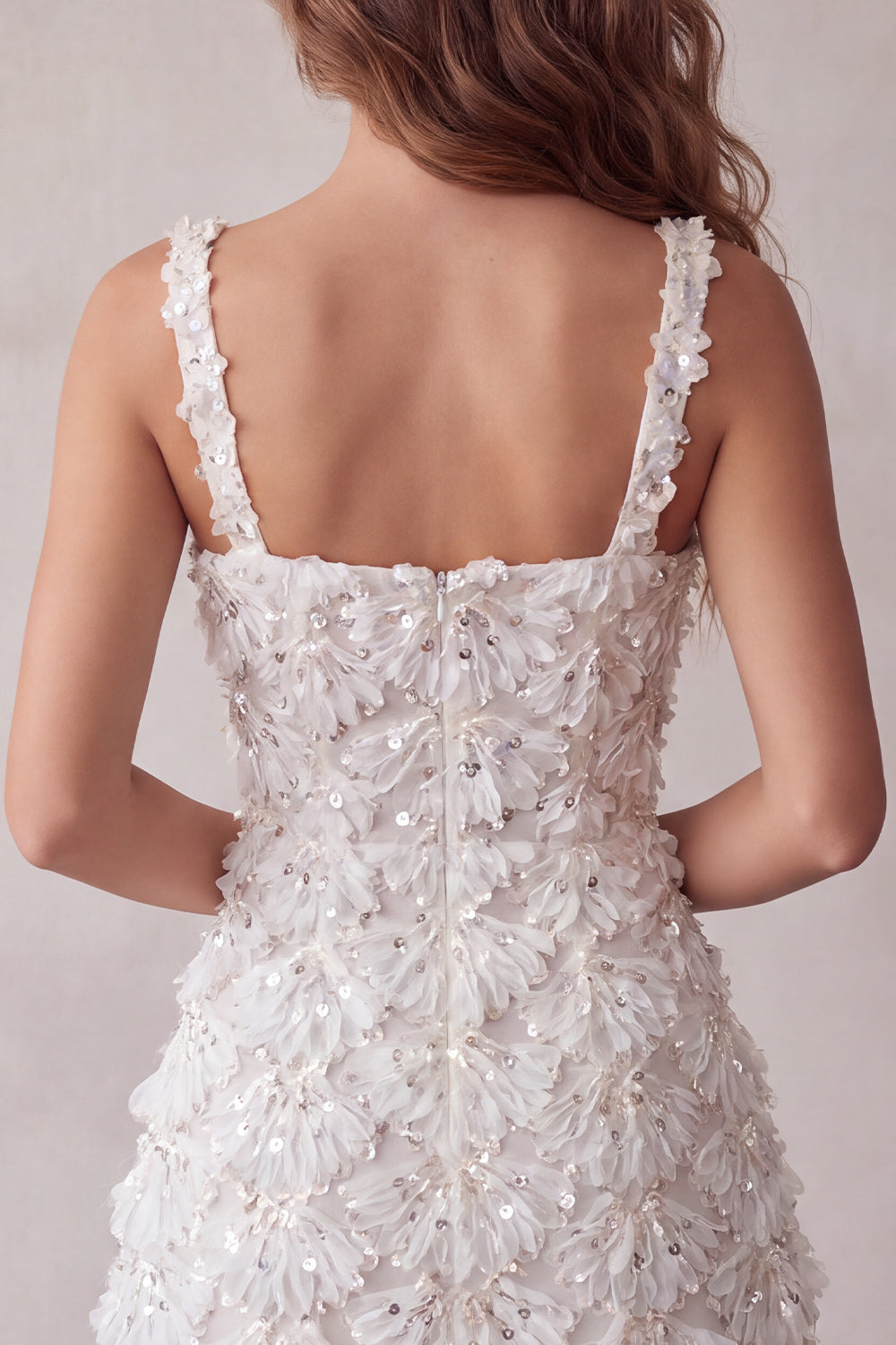 Ivory Sparkly Sequin Floral Tight Short A-Line Homecoming Dress