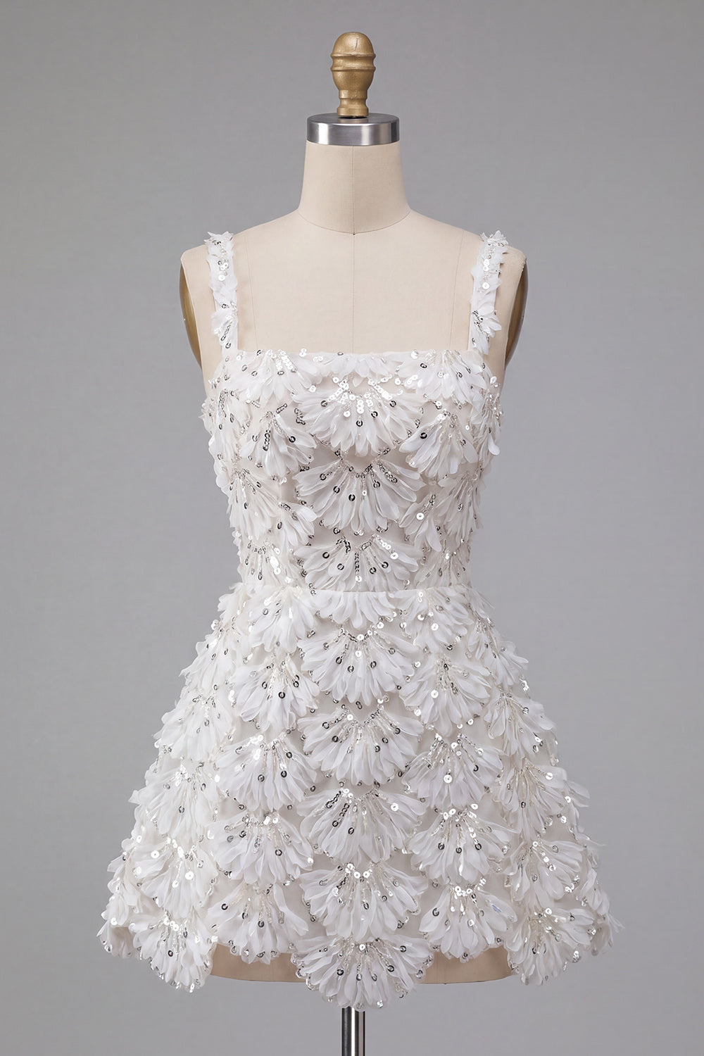 Ivory Sparkly Sequin Floral Tight Short A-Line Homecoming Dress