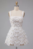 Ivory Sparkly Sequin Floral Tight Short A-Line Homecoming Dress