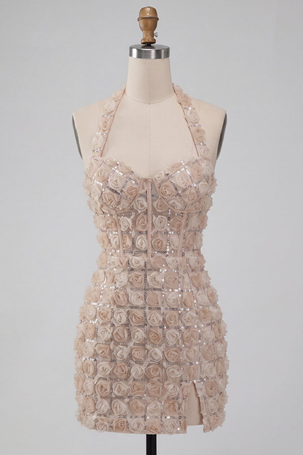 Floral Champagne Sparkly Sequin Tight Short Corset Homecoming Dress