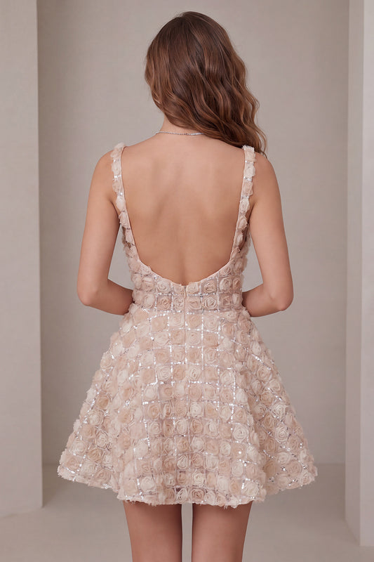 Champagne Sparkly Sequin Short A-Line Homecoming Dress with 3D Flowers