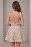 Champagne Sparkly Sequin Short A-Line Homecoming Dress with 3D Flowers
