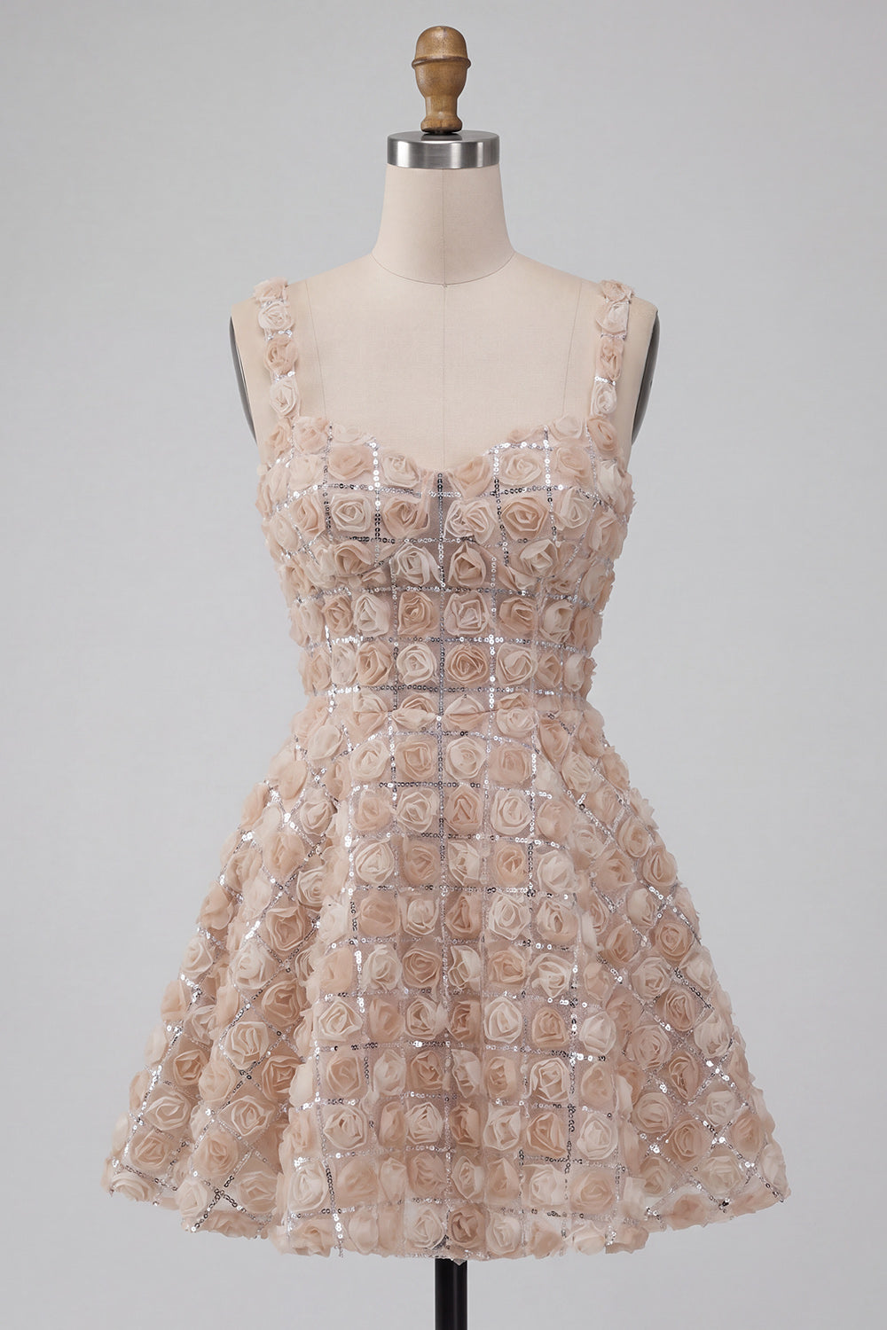 Champagne Sparkly Sequin Short A-Line Homecoming Dress with 3D Flowers