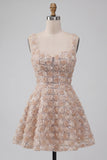 Champagne Sparkly Sequin Short A-Line Homecoming Dress with 3D Flowers