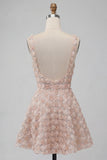 Champagne Sparkly Sequin Short A-Line Homecoming Dress with 3D Flowers