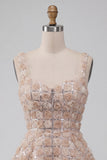 Champagne Sparkly Sequin Short A-Line Homecoming Dress with 3D Flowers