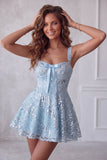 Floral Sparkly Sky Blue Sequin Short A-Line Homecoming Dress with Bow