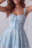 Floral Sparkly Sky Blue Sequin Short A-Line Homecoming Dress with Bow