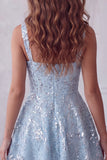 Floral Sparkly Sky Blue Sequin Short A-Line Homecoming Dress with Bow