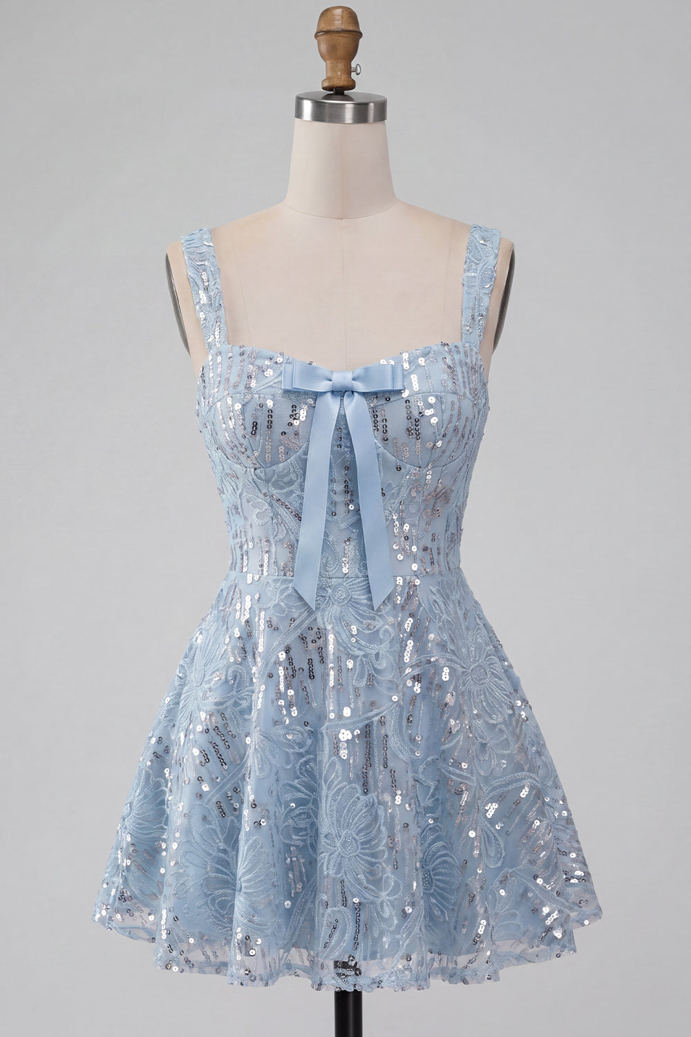 Floral Sparkly Sky Blue Sequin Short A-Line Homecoming Dress with Bow