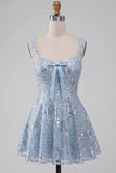 Floral Sparkly Sky Blue Sequin Short A-Line Homecoming Dress with Bow