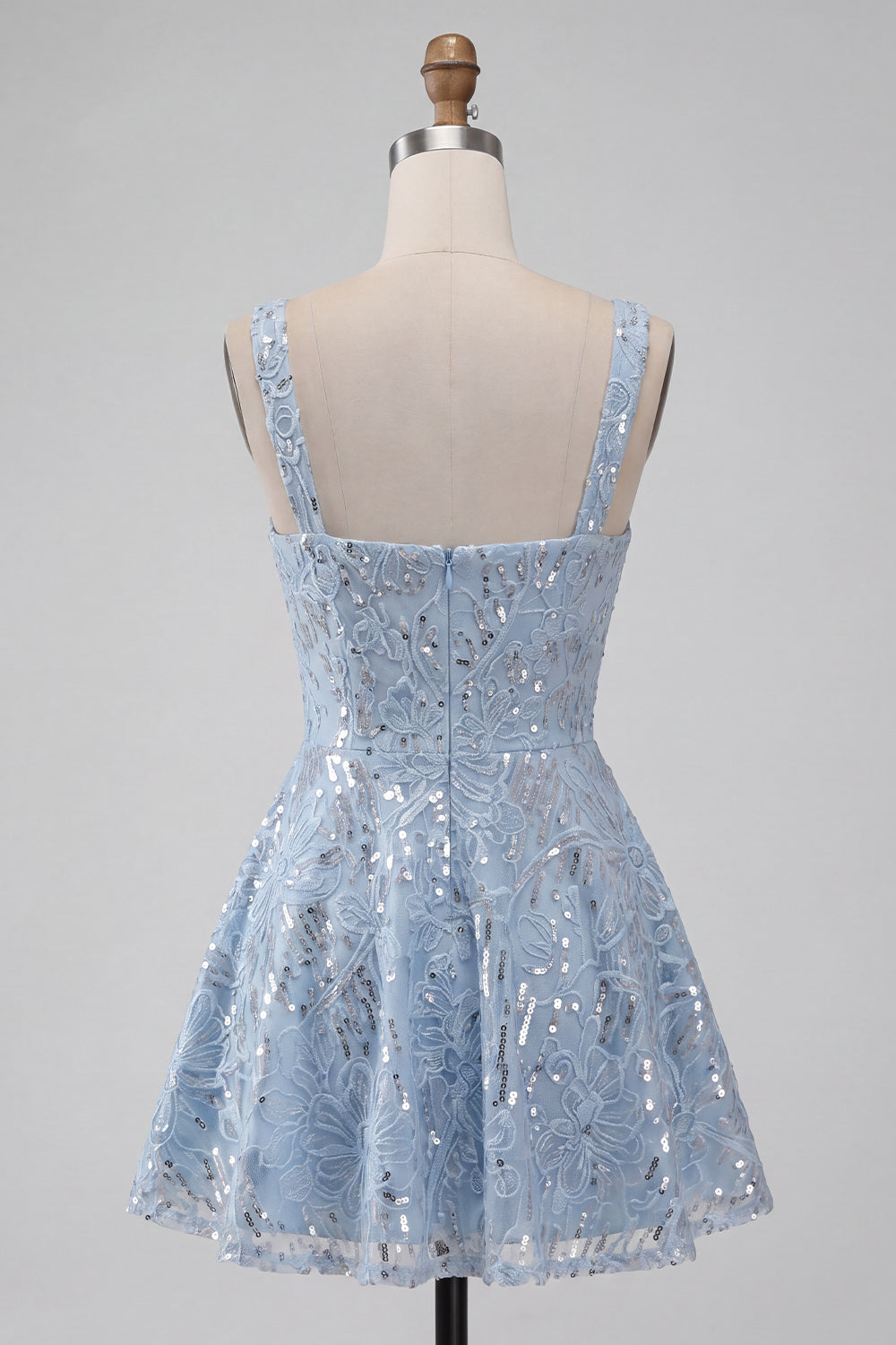Floral Sparkly Sky Blue Sequin Short A-Line Homecoming Dress with Bow