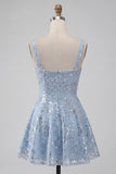 Floral Sparkly Sky Blue Sequin Short A-Line Homecoming Dress with Bow