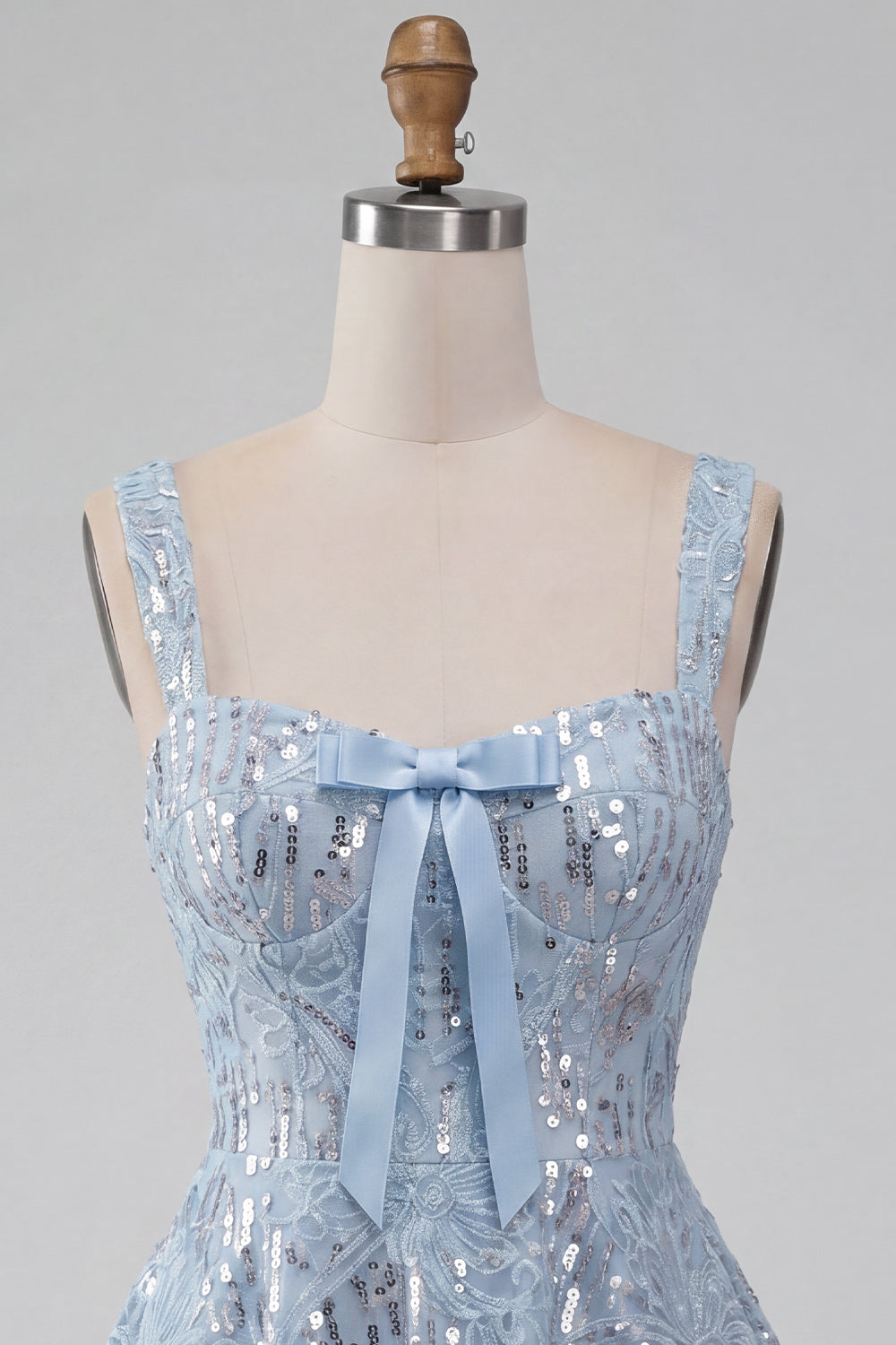 Floral Sparkly Sky Blue Sequin Short A-Line Homecoming Dress with Bow