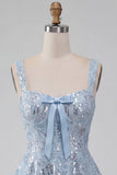Floral Sparkly Sky Blue Sequin Short A-Line Homecoming Dress with Bow