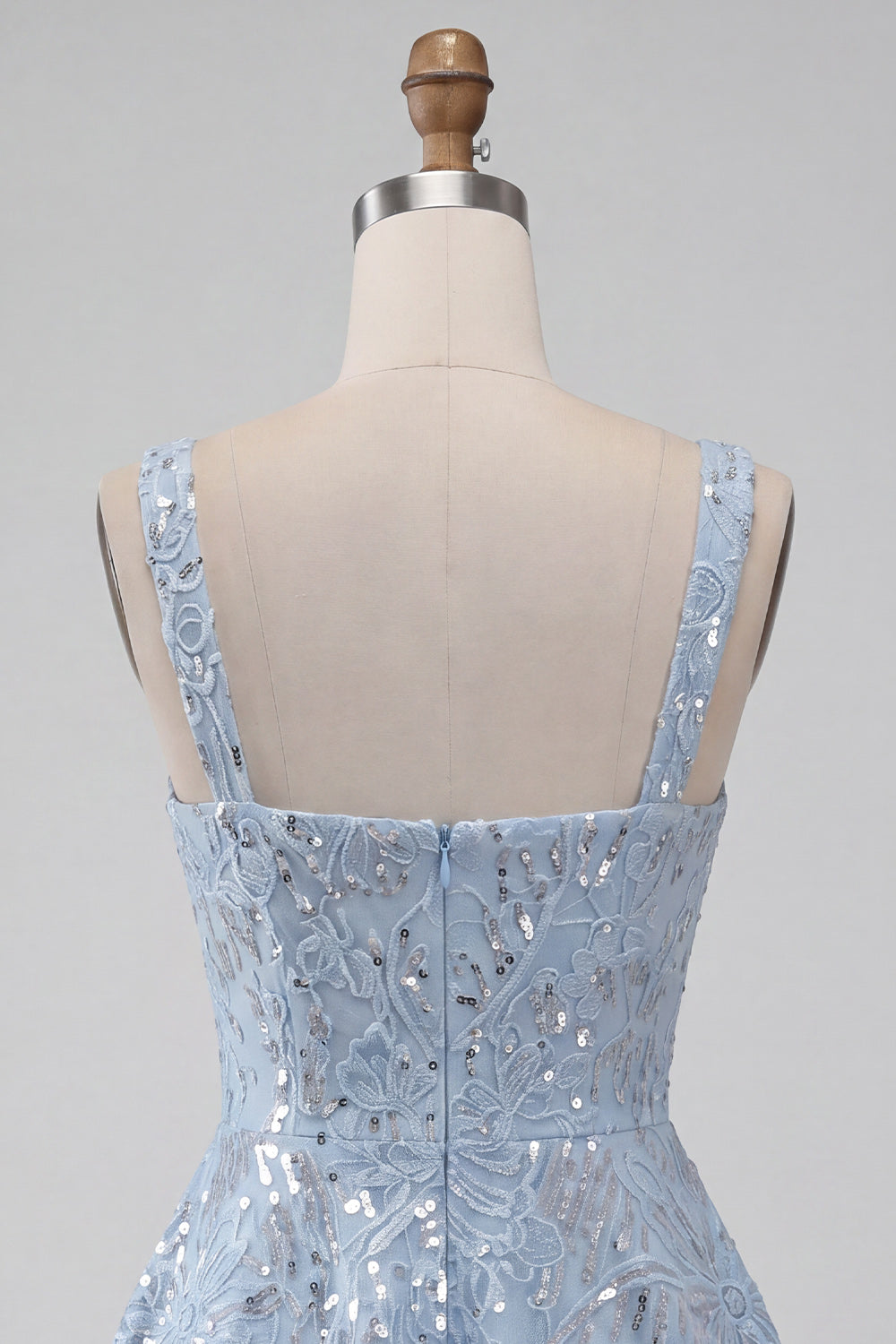 Floral Sparkly Sky Blue Sequin Short A-Line Homecoming Dress with Bow