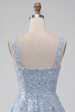 Floral Sparkly Sky Blue Sequin Short A-Line Homecoming Dress with Bow