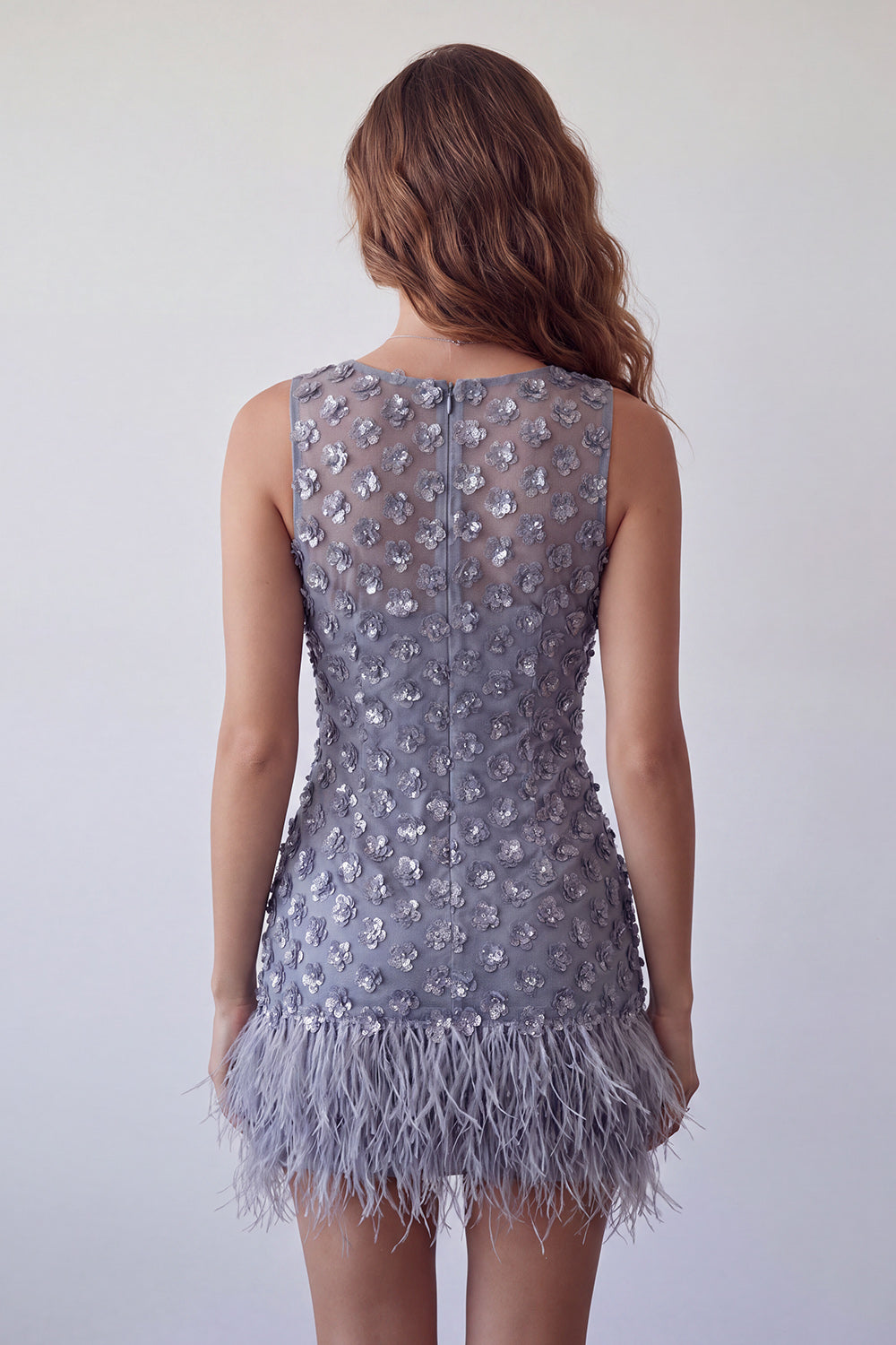 Sparkly Dusty Lavender Floral Short Tight Homecoming Dress with Feather