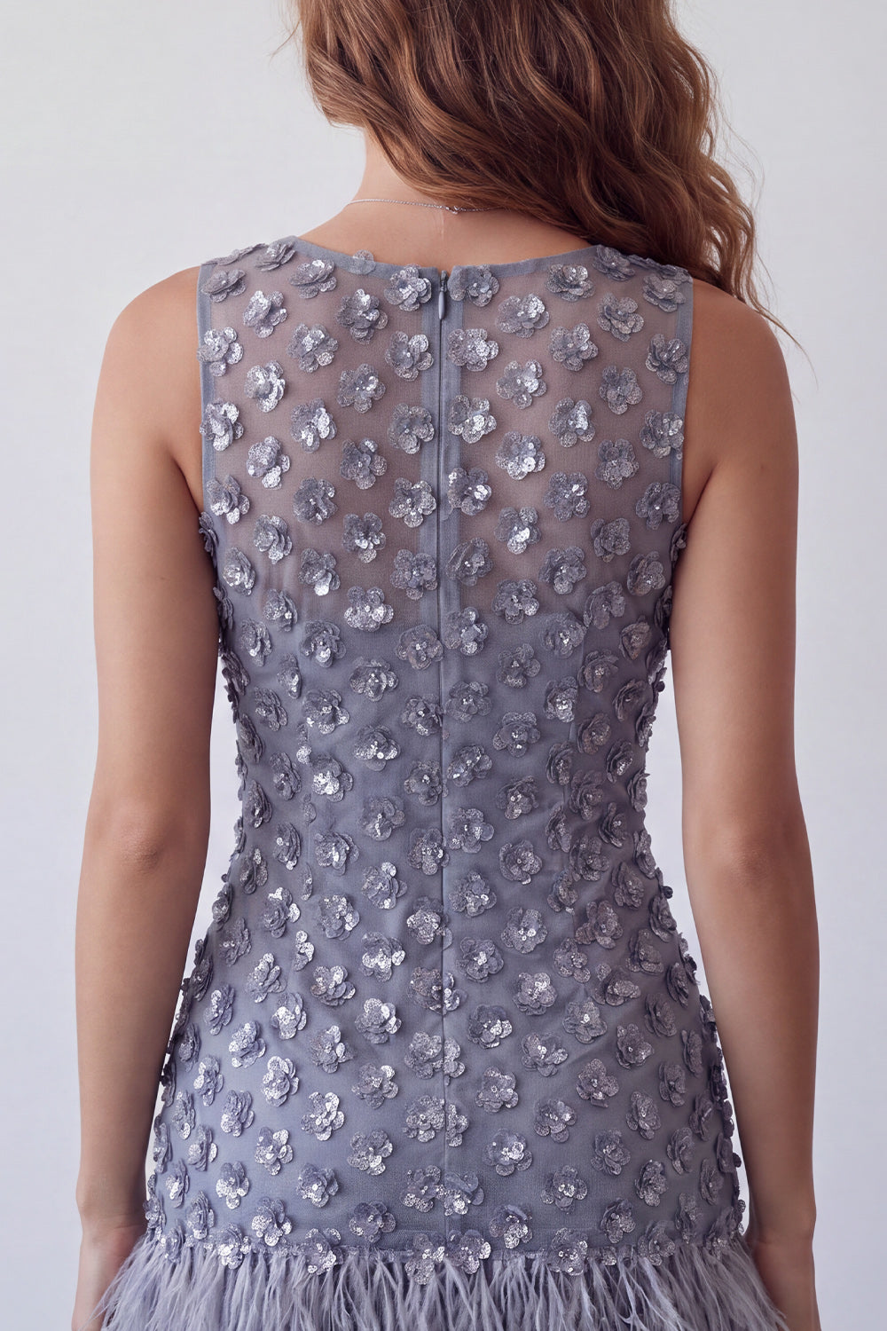 Sparkly Dusty Lavender Floral Short Tight Homecoming Dress with Feather