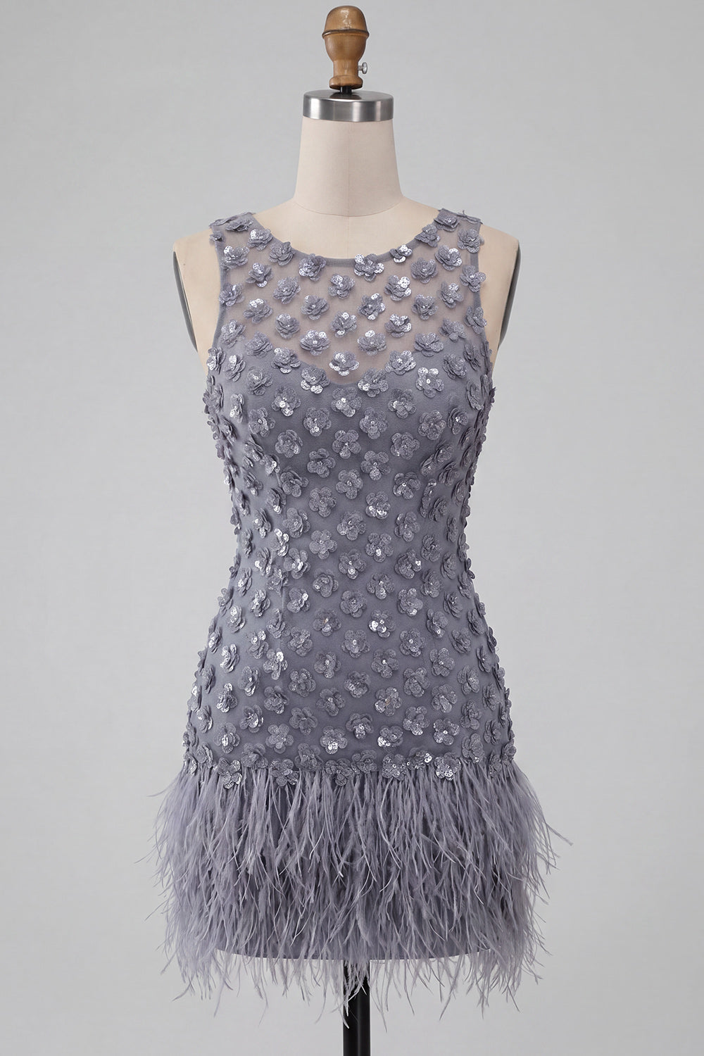 Sparkly Dusty Lavender Floral Short Tight Homecoming Dress with Feather