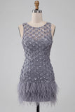 Sparkly Dusty Lavender Floral Short Tight Homecoming Dress with Feather