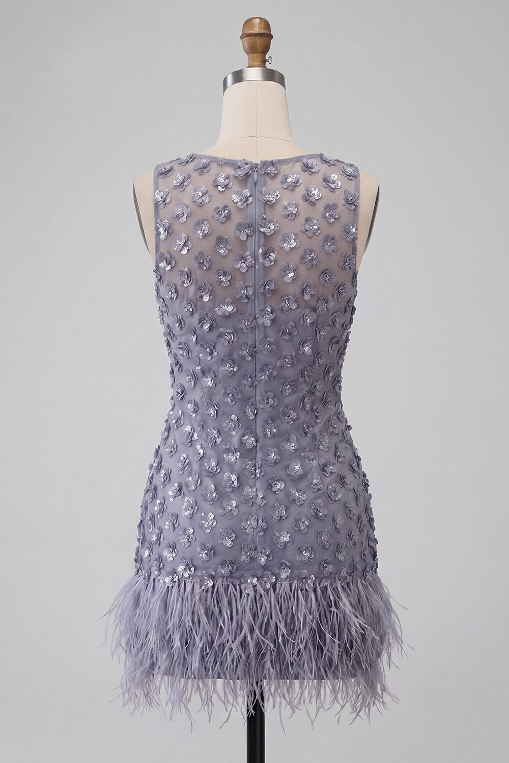 Sparkly Dusty Lavender Floral Short Tight Homecoming Dress with Feather