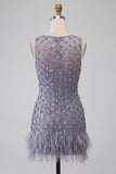 Sparkly Dusty Lavender Floral Short Tight Homecoming Dress with Feather