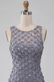 Sparkly Dusty Lavender Floral Short Tight Homecoming Dress with Feather