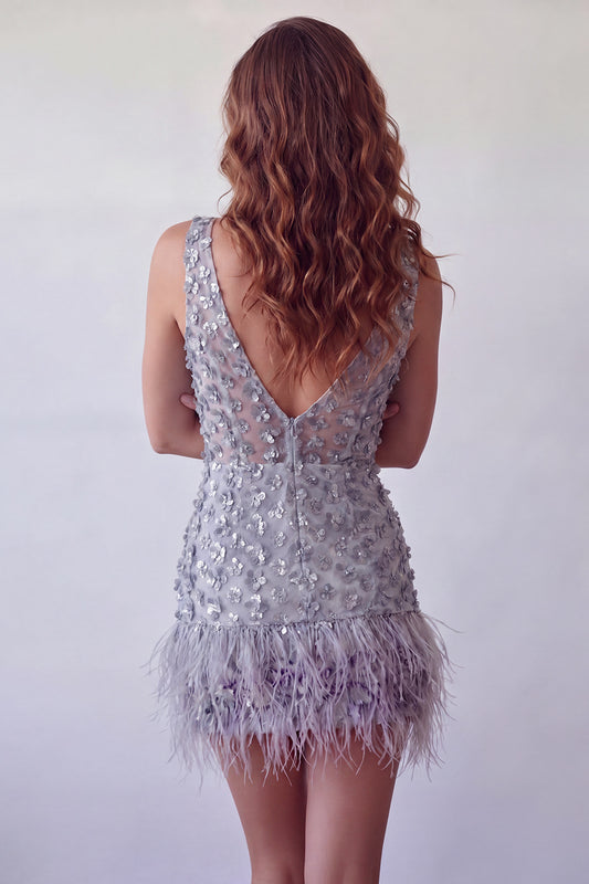 Floral Dusty Lavender Sparkly Tight Short Sequin Homecoming Dress with Feather