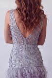 Floral Dusty Lavender Sparkly Tight Short Sequin Homecoming Dress with Feather