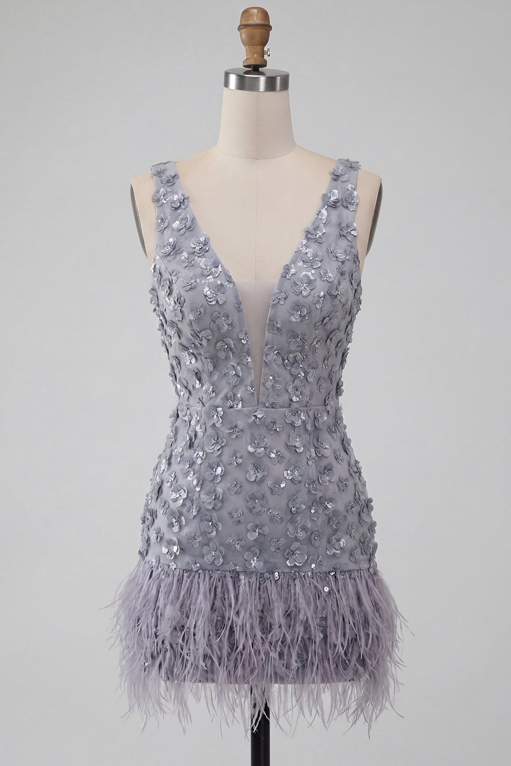 Floral Dusty Lavender Sparkly Tight Short Sequin Homecoming Dress with Feather