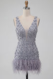 Floral Dusty Lavender Sparkly Tight Short Sequin Homecoming Dress with Feather