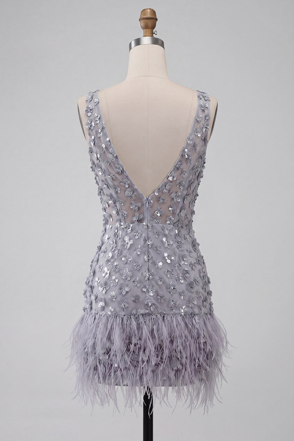 Floral Dusty Lavender Sparkly Tight Short Sequin Homecoming Dress with Feather