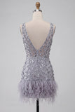 Floral Dusty Lavender Sparkly Tight Short Sequin Homecoming Dress with Feather