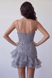 Floral Dusty Lavender Sequin Sparkly Tight Short Homecoming Dress with Ruffles