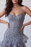 Floral Dusty Lavender Sequin Sparkly Tight Short Homecoming Dress with Ruffles