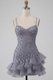 Floral Dusty Lavender Sequin Sparkly Tight Short Homecoming Dress with Ruffles