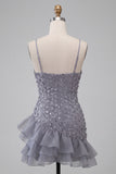 Floral Dusty Lavender Sequin Sparkly Tight Short Homecoming Dress with Ruffles