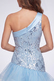Sparkly Sequin Sky Blue Floral Tight Short Homecoming Dress with Ruffles