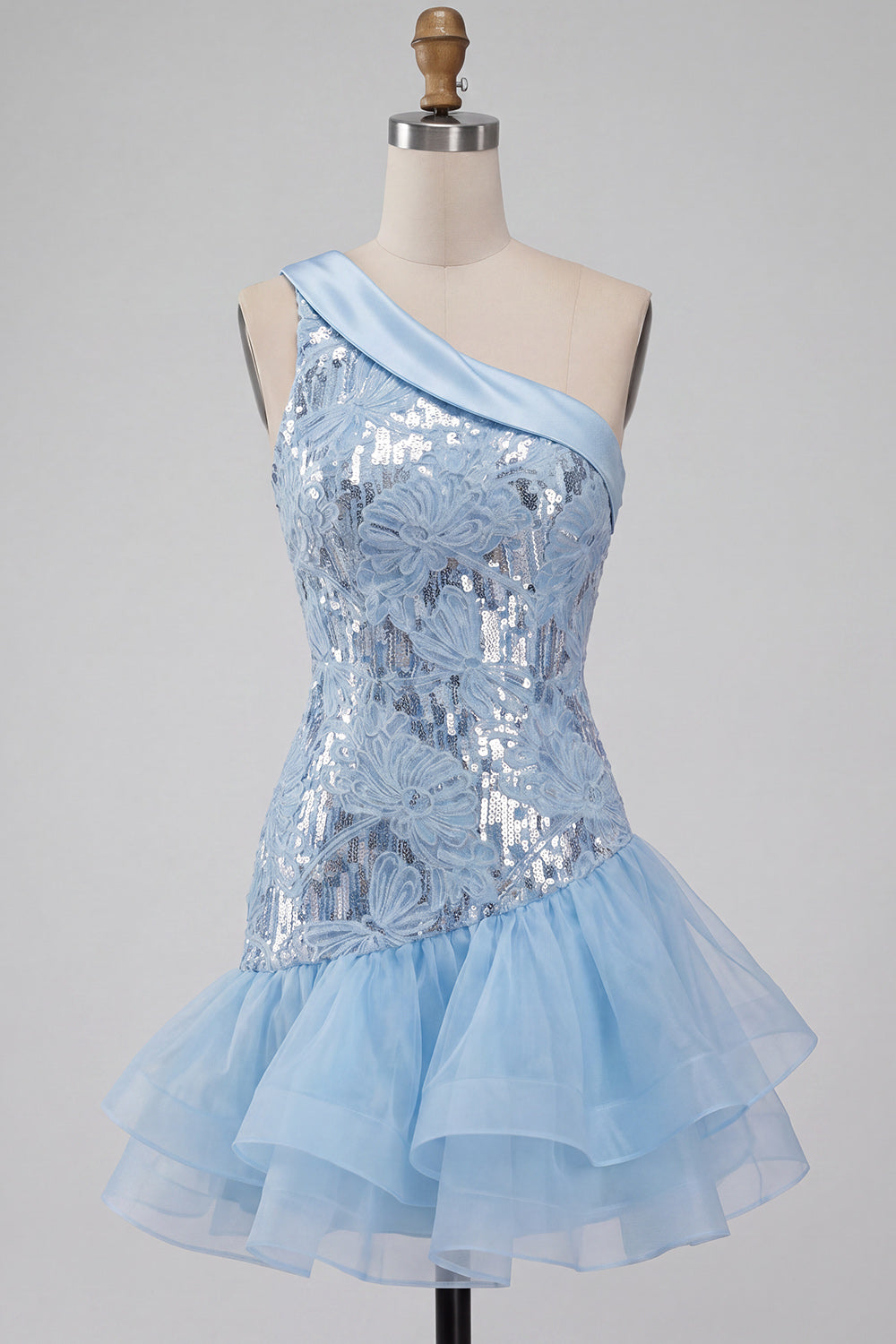 Sparkly Sequin Sky Blue Floral Tight Short Homecoming Dress with Ruffles