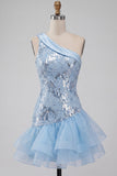 Sparkly Sequin Sky Blue Floral Tight Short Homecoming Dress with Ruffles