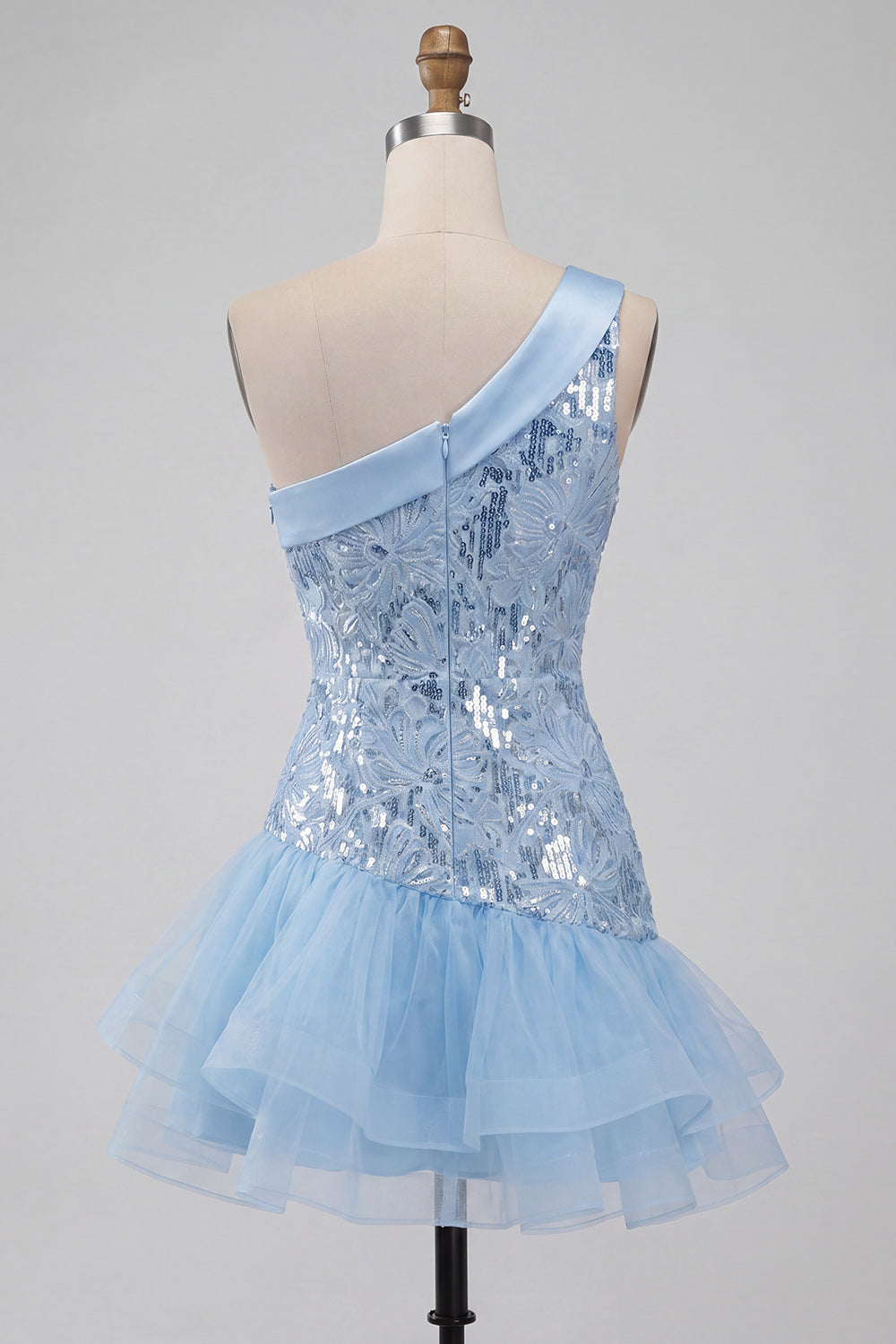 Sparkly Sequin Sky Blue Floral Tight Short Homecoming Dress with Ruffles