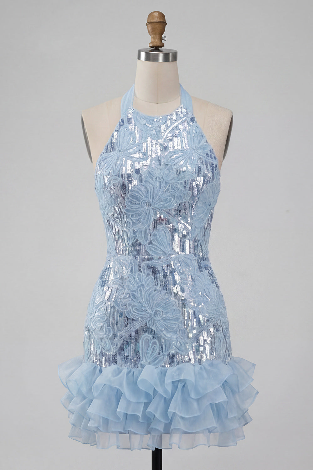 Sparkly Sky Blue Floral Sequin Halter Tight Short Ruffled Homecoming Dress