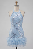 Sparkly Sky Blue Floral Sequin Halter Tight Short Ruffled Homecoming Dress