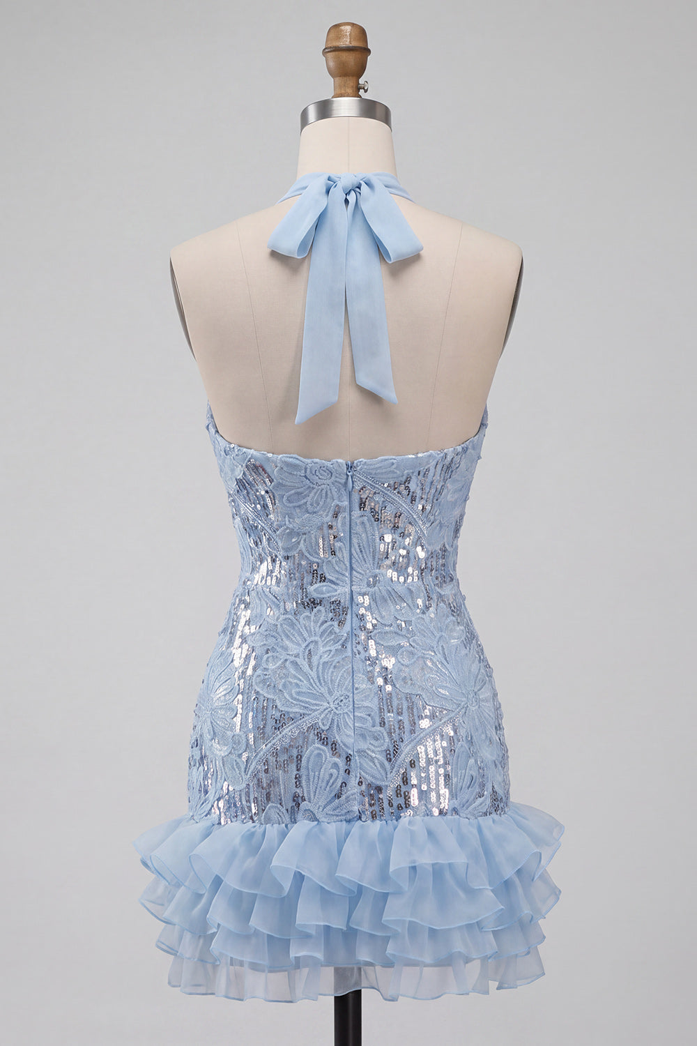 Sparkly Sky Blue Floral Sequin Halter Tight Short Ruffled Homecoming Dress