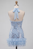 Sparkly Sky Blue Floral Sequin Halter Tight Short Ruffled Homecoming Dress