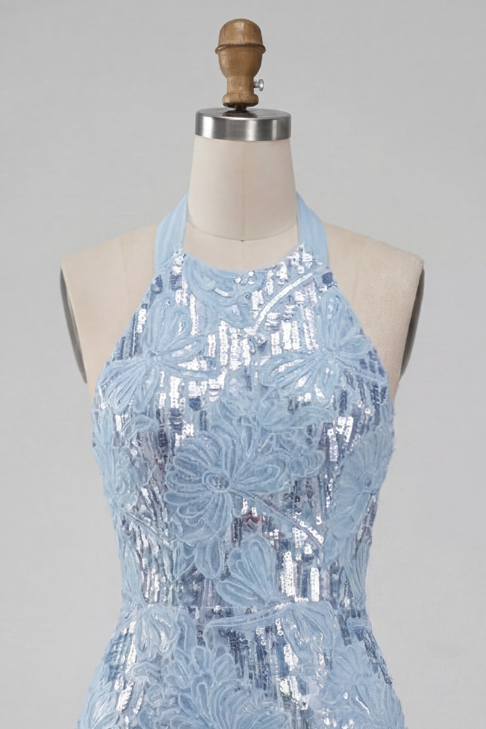 Sparkly Sky Blue Floral Sequin Halter Tight Short Ruffled Homecoming Dress