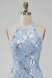 Sparkly Sky Blue Floral Sequin Halter Tight Short Ruffled Homecoming Dress