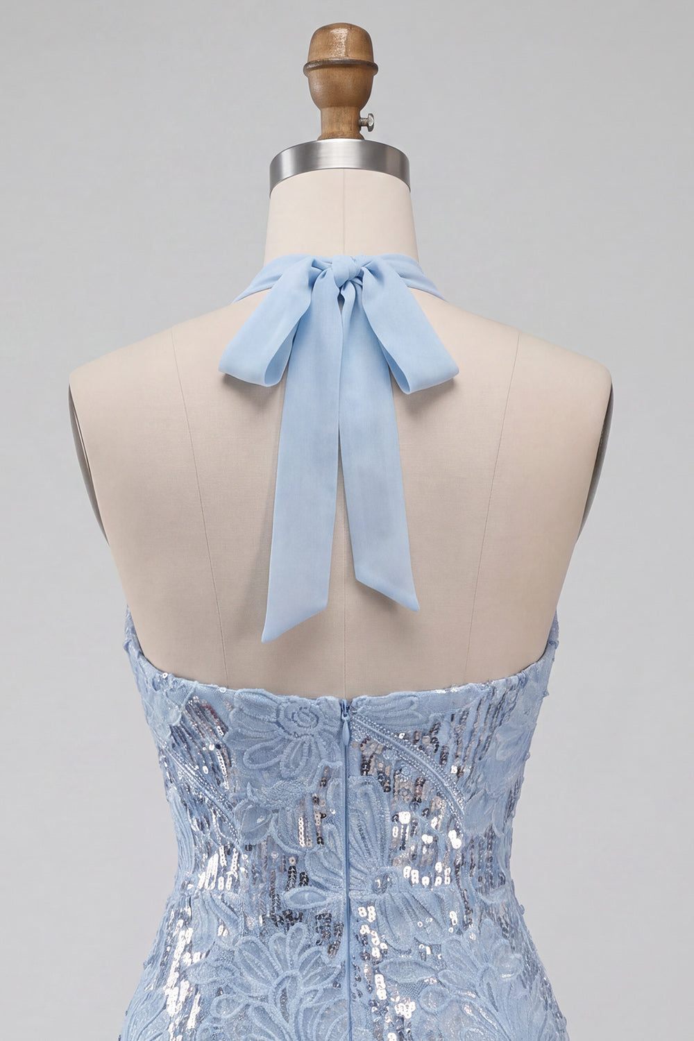 Sparkly Sky Blue Floral Sequin Halter Tight Short Ruffled Homecoming Dress