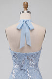 Sparkly Sky Blue Floral Sequin Halter Tight Short Ruffled Homecoming Dress